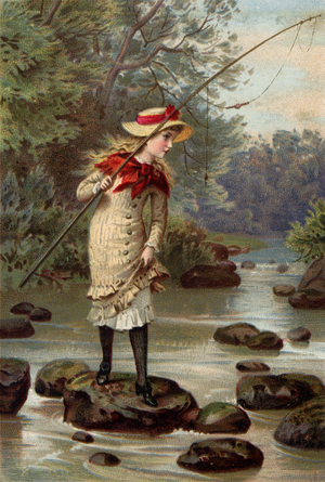 Girl fishing, standing on stone in river (chromolitho)
