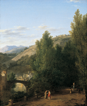 Mountainous landscape with a bridge on the left (oil on canvas)