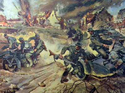 German world War Two postcard showing an attack by German forces on a town in Russia