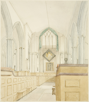 Interior of St Werburgh's Church, looking west, 1828 (watercolour & gold paint over pencil on paper)