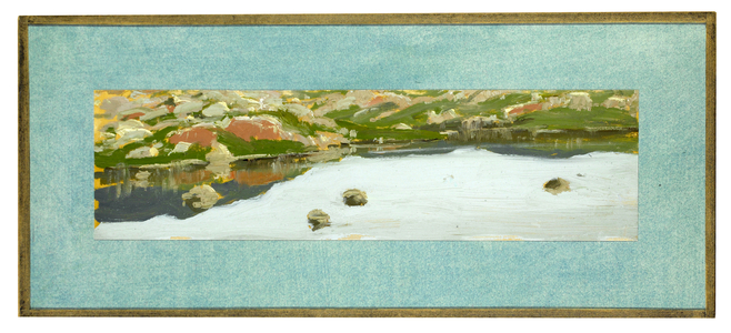 Panoramic View of a Lake and Surrounding Landscape (oil on board)