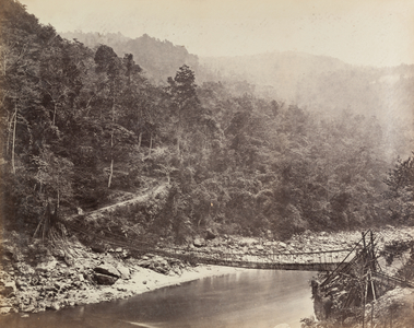 Rope bridge over the Rangeet River, c.1885 (b/w photo)