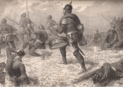 Prussian drummer on the battlefield, illustration from 'Cassells History of the War Between France and Germany', c.1939 (litho)