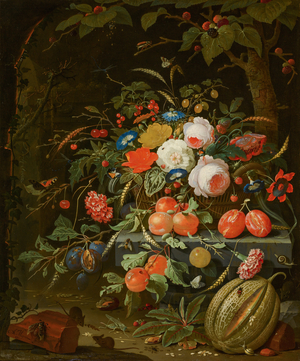 Flowers and Fruit (oil on canvas)