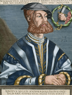 Bernhard Knipperdolling (c. 1495-1536). German leader of the Mu?nster Anabaptists (colour engraving)