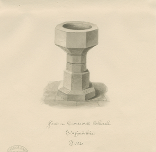 Font in Caverswall Church: sepia drawing, 1840 (drawing)