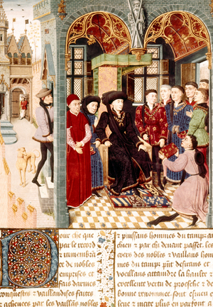 Alexander king of Macedony meeting John the Fearless duke of Burgundy (1371-1419), illumination