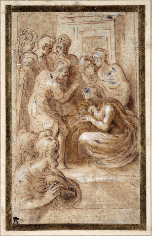 Adoration of the Holy Family in an interior (pen & brown ink with brown wash and white heightening on cream paper)