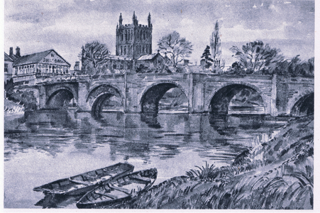 Wye Bridge and Cathedral, Hereford (colour litho)