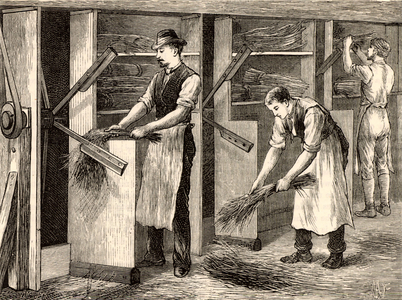 Scutching or dressing flax by machine, 1880 (engraving)