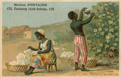 Maison Fontaine trade card, cotton harvest (chromolitho)