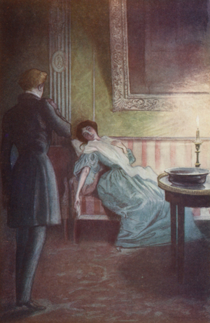 She lay back on a great sofa, one hand on her heart, the other hanging by her side (colour litho)