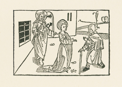 Second work of Mercy: reception of the pilgrim in his house, 1488 (woodcut)