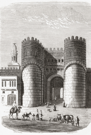 The Bab al Futuh (Conquest Gate), old city of Cairo, Egypt, seen here in the 19th century, from "Monuments de Tous les Peuples" by Ernest Breton, published 1843 (engraving)