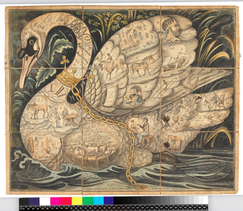 The Noble game of the Swan: Game board with 19 compartments, 1821 (hand-coloured etching)