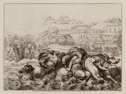 Cloelia crossing the Tiber after escaping the camp of the Etruscans (etching)