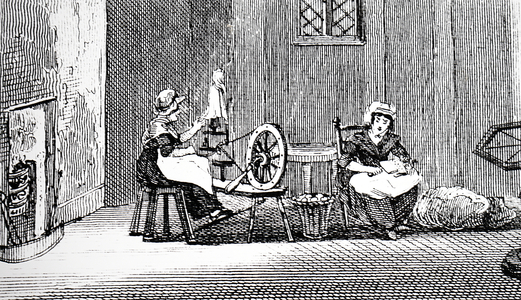 Women textile workers in a cottage in Wales, 1820