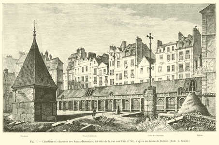 Cimetiere et charniers des Saints-Innocents, du cote de la rue aux Fers, 1780, d'apres un dessin de Bernier, Coll A Lenoir (engraving)