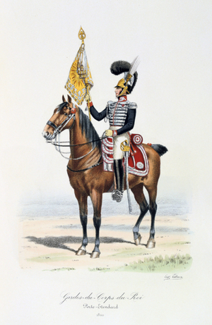 Standard Bearer of the King's guard with the regimental colours, 1820. From Histoire de la maison militaire du Roi de 1814 a 1830 by Eugene Titeux, Paris, 1890.