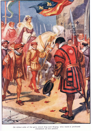 On either side of the gate Gog and Magog, who made a profound obeisance as she passed (colour litho)