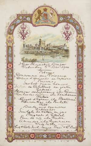 Queen Victoria's dinner menu, 8 December 1900 (colour litho)