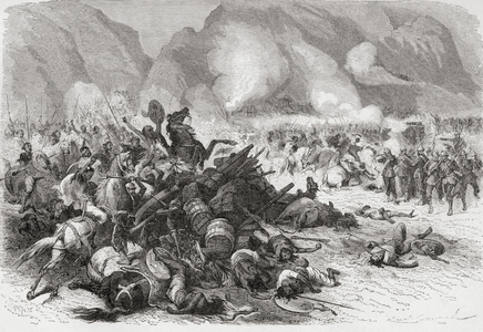 The Battle on Mount Fahla, Abyssinia between British troops under the command of Sir Richard Napier and Tewodros II in 1868.