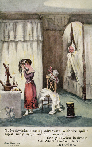 Mr Pickwick's adventure with the middle-aged lady in yellow curl papers in the Pickwick Bedroom, Great White Horse Hotel, Ipswich, Suffolk (colour litho)