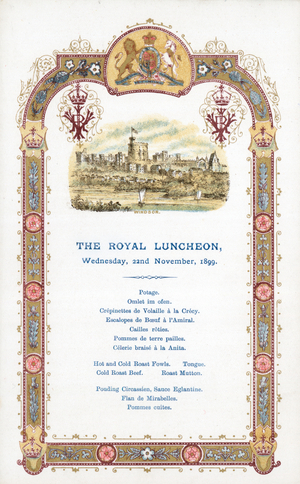 The Royal Luncheon, Wednesday 22 November 1899, menu (chromolitho)