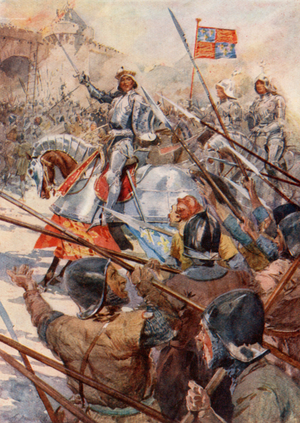 Henry V before Harfleur (colour litho)