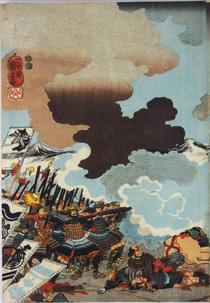 Sheet from a colour woodblock print triptych, entitled Eiroku yonnen kugatsu yokka Kawanakajima kassen ni Yamamoto Kansuke nyūdō no uchijini no zu (Death of Yamamoto Kansuke at the Battle of Kawanakajima on the 4th Day of the 9th Month of Eiroku 4 [1561]), depicting Kansuke and his men being brought down by the Uesugi musketeers: Japan, Edo, by Utagawa Kuniyoshi, 1847 - 1848