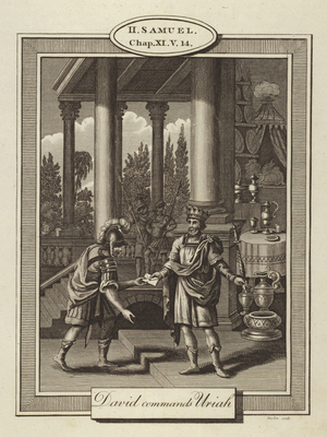 David commands Uriah, II Samuel, Chapter XI, Verse 14 (engraving)