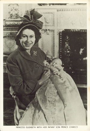 Princess Elizabeth with her infant son Prince Charles (b/w photo)