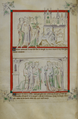 Above, Solomon, with courtiers in attendance, supervises two masons who are shaping stones for the temple at Jerusalem. Below, Solomon with the Queen of Sheba who has come to see the temple