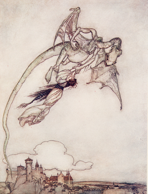 The King's only daughter had been carried off by a Dragon, from The Fairy Tales of the Brothers Grimm, pub. 1909 (colour litho)