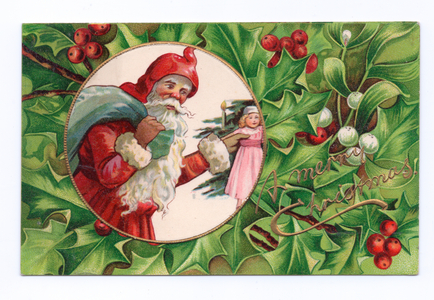 Edwardian Christmas postcard of Father Christmas with a sack across his shoulder holding a doll, c.1910 (colour litho)