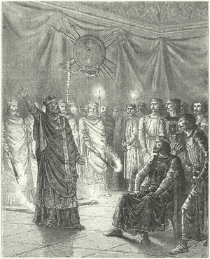 Edmund Rich, Archbishop of Canterbury, threatening King Henry III with excommunication, 1234 (engraving)