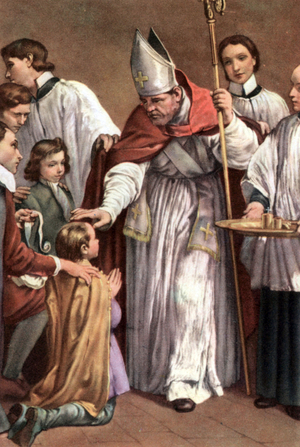 Set of biblical educational postcards in the 50's , made after Italian Fine Arts : here after "The Confirmation" by Crespi