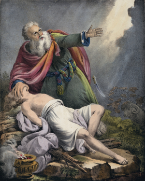 Abraham offering up his son Isaac (coloured engraving)