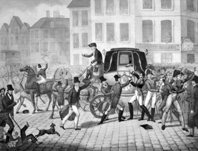 Riots in Avignon, France, against Napoleon when Napoleon 1st passing through the city to go on exile on april 24, 1814, engraving by Langlume