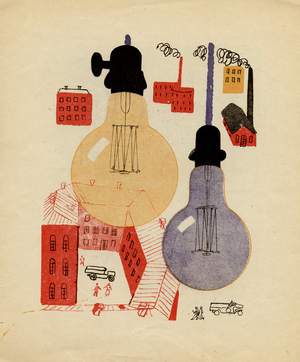 Illustration depicting Light Bulbs and Factories from Soviet Children's Book written by B. Uralskii Titled: "The Electrician", 1931