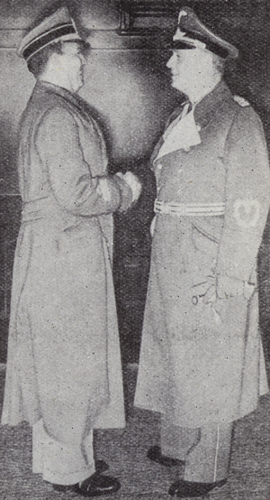 Joachim von Ribbentrop, Foreign Minister of Nazi Germany, welcoming his Italian counterpart, Galeazzo Ciano, to Berlin, World War II, 1 October 1939 (b/w photo)