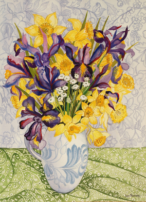 Iris and Daffodils with Patterned Textiles, 2008 (watercolour)