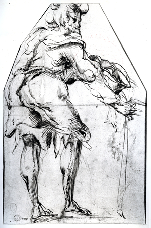 Beggar with a Hat and Stick (pen and ink on paper)