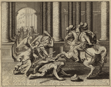 Heliodorus beaten by two angels while trying to rob the Temple of Jerusalem (engraving)