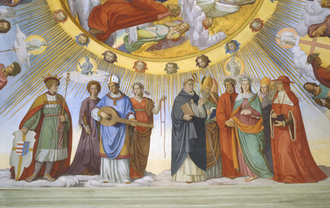 Vault of the room of Dante, detail: Dante, Beatrice, Empress Constance, the Clarissa Piccarda Romeo from Villanova and Emperor Justinian