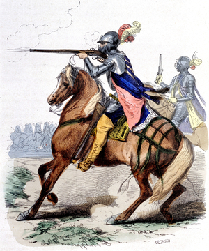 a carabineer (l) and a gunner (r) c.1560-1610, engraving by F.Philipoteaux and Deghouy for "history of the army" by Adrien Pascal in 1853