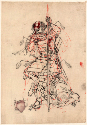 Sake O Nomu Samurai, a Samurai Drinking Sake. [Between 1870 and 1890], 1 Drawing : Ink and Light Colors ; 27 X 18.7 . Preliminary Drawing for a Woodblock Design Showing a Wounded Warrior Drinking from a Bowl.