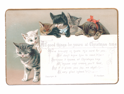 A Victorian Christmas card of six kittens, c.1880 (colour litho)