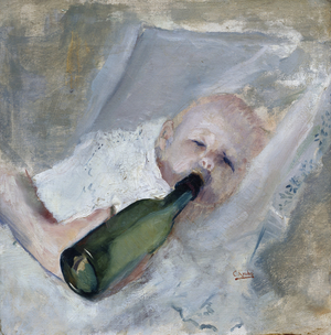 Baby with milk bottle (oil on canvas)