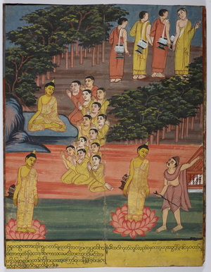 Hermits allow the Buddha to stay with them; the Buddha is not frightened by the poisonous serpent (on right).